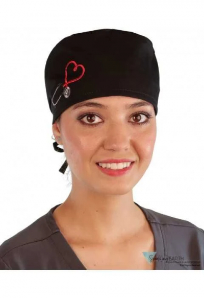 Boneta Chirurgicala Black Cap with Heart Stethoscope Patch - Img 2