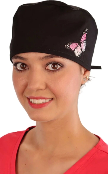 Boneta Chirurgicala Black Cap with Pink Butterfly Patch - Img 1