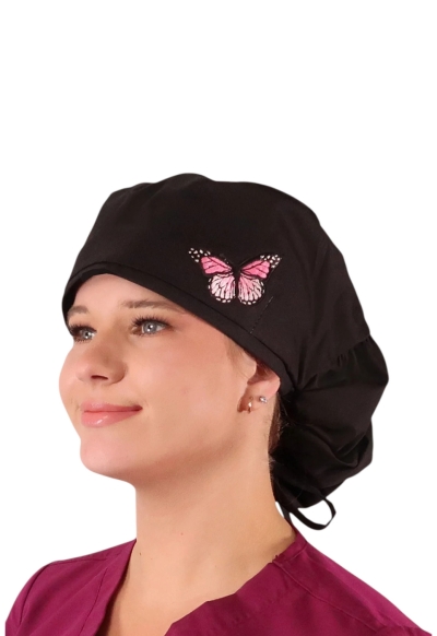 Boneta Chirurgicala Par Lung - Pink Butterfly Patch on Solid Black Cap - Img 3