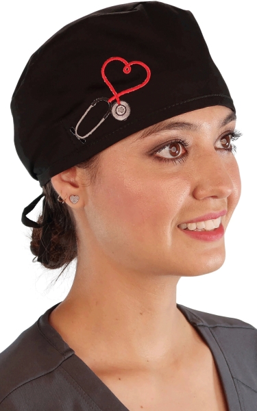 Boneta Chirurgicala Black Cap with Heart Stethoscope Patch - Img 2