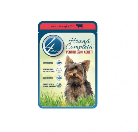 Hrana completa pentru caine junior, vita in sos, 4DOG, plic 100g