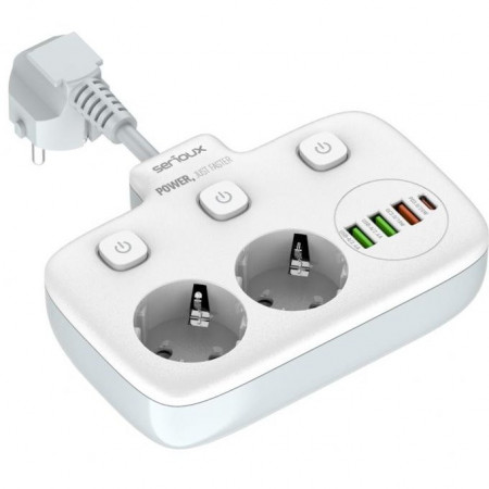 Priza multipla Serioux PS24W, 2 prize, 6xUSB, PD Type-C , QC3.0, intrerupator, protectie supratensiune