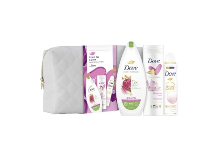 Set cadou Dove: Gel de dus Dove Glowing, 225 ml + deodorant Dove Calming Blossom, 150 ml + lotiune de corp Dove Glowing Care, 250 ml + geanta cadou