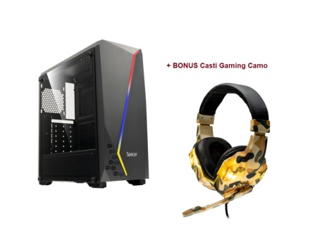 Carcasa Spacer Gaming Flash Midle Tower Atx, sticla securizata 1 x USB 3.0 + Bonu Casti Gamig Camo