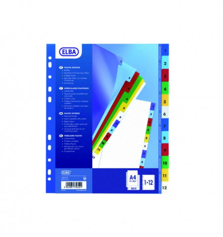 Index plastic color numeric 1-12, A4 XL, 120 microni, ELBA