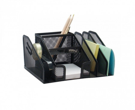 Organizer metalic Mesh, de birou, 6 compartimente+ suport banda adeziva, Q-Connect