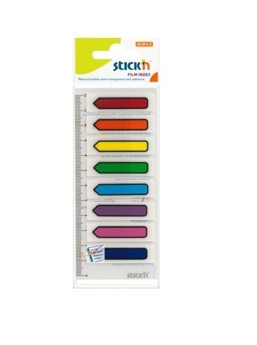 Stick index plastic transparent color 45 x 12 mm, 8 x 15 file/set, Stick"n - sageata - 8 culori neon