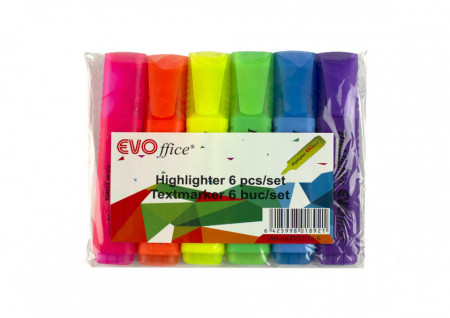 Textmarker varf lat, 6 culori/set EVOffice