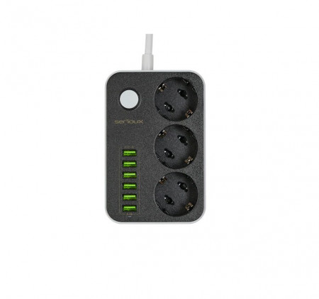 Prelungitor Serioux 3 prize, 6xUSB, intrerupator, protectie supratensiune, 1.6m, Negru