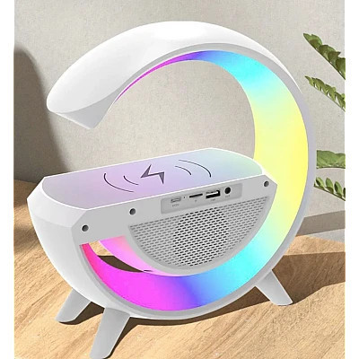 Boxa Multifunctionala 4 in 1, Lampa Smart LED RGB, Incarcator Wireless 15W, Sincronizare muzicala, 5W, Bluetooth, USB, FM Radio, MicroSD, AUX, Afisaj Ceas Digital, Alarma - Img 4