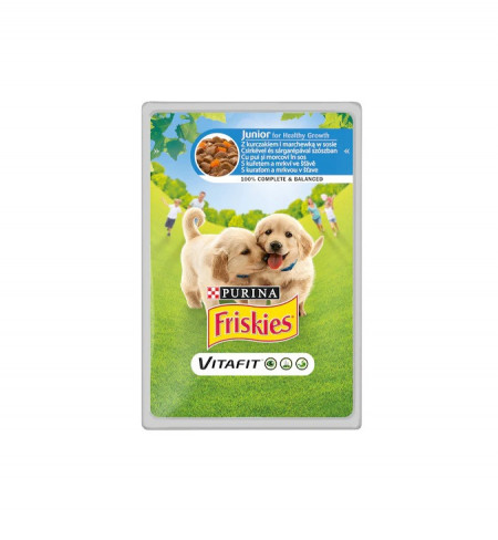 Hrana umeda pentru caini, Friskies Junior, Pui & Morcovi, plic 100g