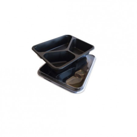 Caserolă Meniu Termosudabila PP, cu 3 compartimente, 227x178x45 mm, neagră