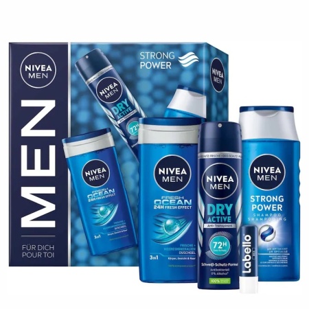 Set Cadou Nivea Men Strong Power, sampon 250 ml, gel de dus 250 ml, deodorant 150 ml si balsam de buze 5.5 ml