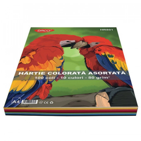 Hartie colorata A4, 100 coli, 10 culori DACO 80g/mp