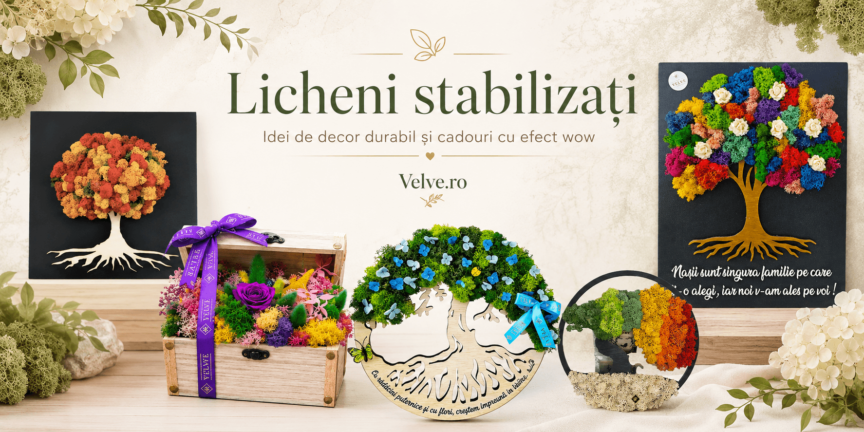 Licheni stabilizați pe Velve.ro – idei de decor durabil și cadouri cu efect wow