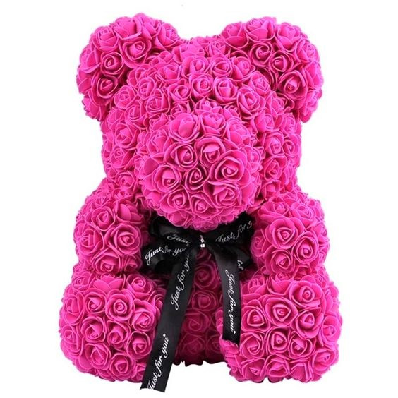 Ursulet floral roz magenta din Trandafiri 40 cm, decorat manual, cutie ...