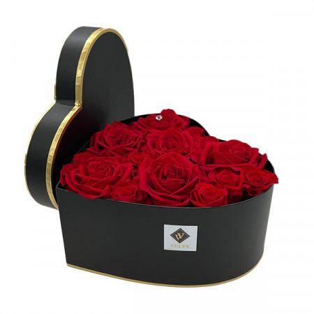 Aranjament floral Glame in forma de inima, cu 15 trandafiri criogenati, rosu