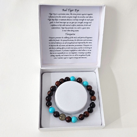 Brățară Amethyst Red Tiger Eye & Turquoise, din pietre semiprețioase si charm pomul vietii, in cutie cadou