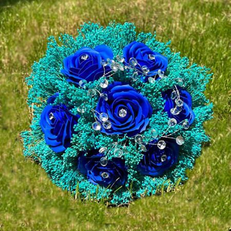 Buchet Mireasa din trandafiri si Brom criogenat, albastru-turcoaz