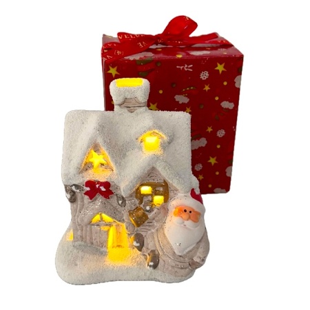Casa de poveste a Moșului, decoratiune luminoasa de Craciun in forma de casuta acoperita de zapada, cu stelute, 15x 12 cm, Alb