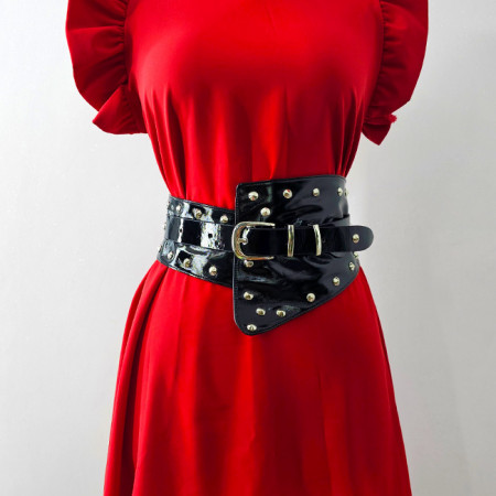 Centura corset cu catarama Teo Sky, elastica, cu note lucioase si detalii metalice, Negru
