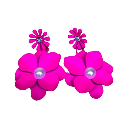 Cercei lungi Theona, design floral, cu tija si pietre artizanale, Fucsia