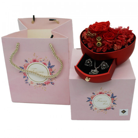 Cutie pentru bijuterii My Heart cu flori criogenate și set cercei și lănțișor cu pandantiv, Roșu