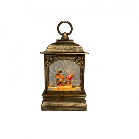 Decoratiune Craciun in forma de felinar, luminos, muzical, Mos Craciun in sanie trasa de reni, USB inclus, 21 x 12 x 9 cm