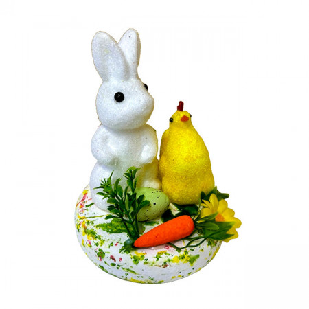 Decoratiune pentru Paste, iepuras alb cu gainusa, pe suport tematic si elemente decorative, 20cm