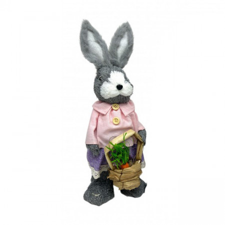 Figurina decorativa din paie, Iepuras Eva, cu rochita si cosulet cu morcov, 37 cm, Roz/Mov