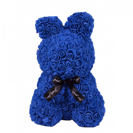 Iepuras floral albastru 40cm decorat manual cu trandafiri spuma, in cutie cu funda