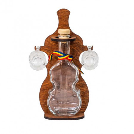 Minibar, suport din lemn in forma de vioara cu sticla si doua pahare