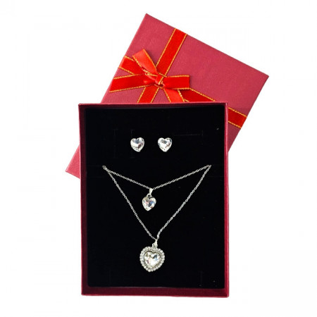 Set accesorii Danser a Deux, din inox, cu cercei, sirag cu doua lanturi si pandativ cu pietre, in cutie eleganta, Silver Heart Alb