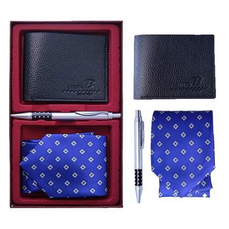 Set cadou pentru barbati, cutie cu portofel, cravata si pix 23.5x14.5 cm, Albastru