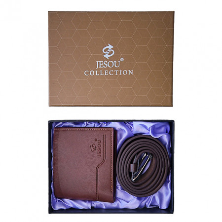 Set cadou pentru barbati JESOU COLLECTION, cutie cu portofel si curea din piele 20x15 cm, Maro