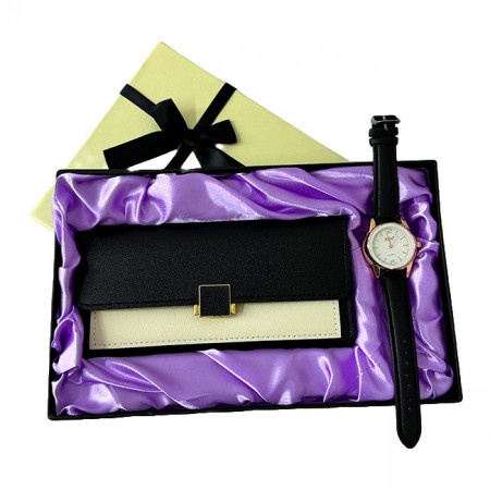Set cadou pentru femei JESOU COLLECTION, cutie cu ceas si portofel, Negru/Alb