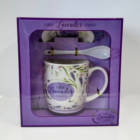 Set cana din ceramica pentru ceai, Energy Mug, 300ml, cu lingurita si farfurie din ceramica, imprimata floral, in cutie eleganta, Lavender Taste