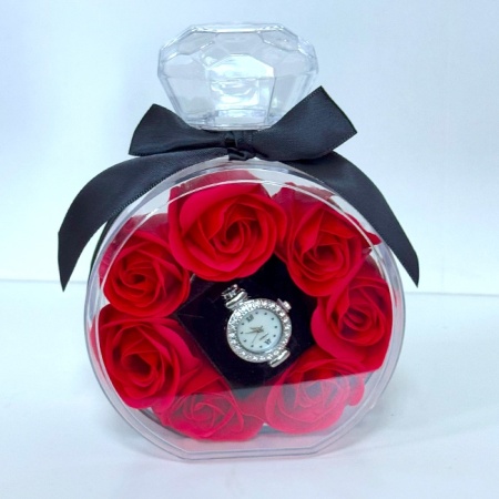 Set floral My Only Rose, ambalaj decorativ tip sticla parfum, Trandafiri de sapun si ceas de dama cu cristale, in cutie eleganta cu mesaj