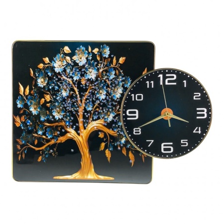 Tablou practic din lemn MDF si cristale, cu ceas analog, Time Tree, negru cu cifre albe, 54X39 cm - Img 1