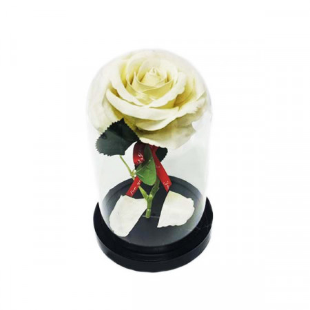 Trandafir artificial in cupola de plastic, pe blat negru, alb, 12 x19 cm