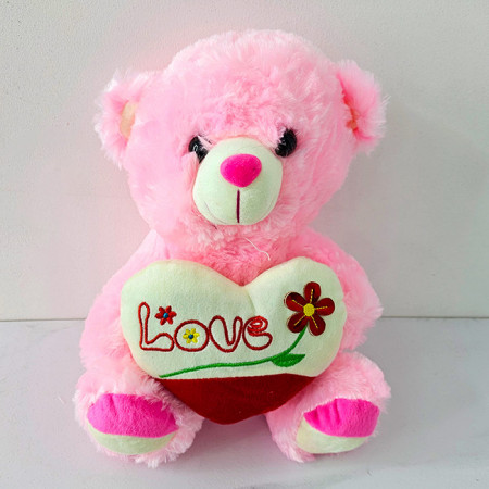 Ursulet de plus BUBU, cu inimioara si imprimeu Flower cu text "LOVE", inaltime 28 cm, Roz