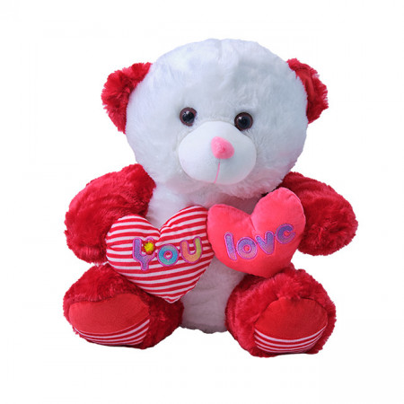 Ursulet de plus Twinkle, cu doua inimioare, in doua culori, inaltime 37 cm, Alb - Rosu