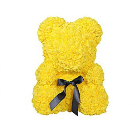 Ursulet floral galben din Trandafiri 40 cm, decorat manual, cutie cadou