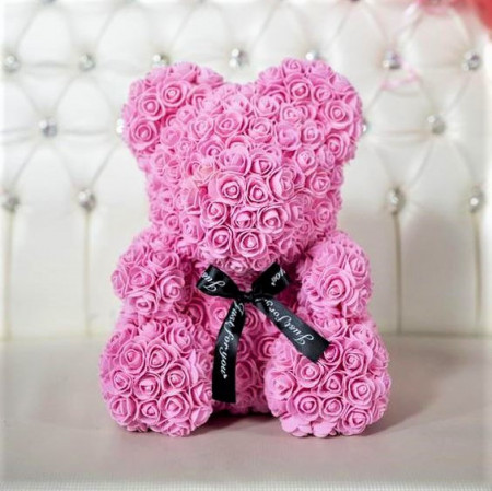 Ursulet floral roz din Trandafiri 40 cm, decorat manual, cutie cadou
