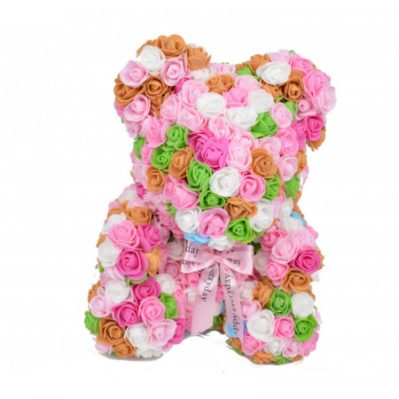Ursulet Floral Teddy Bear rainbow din Trandafiri de spuma, 40 cm, in cutie cadou, roz-alb-verde