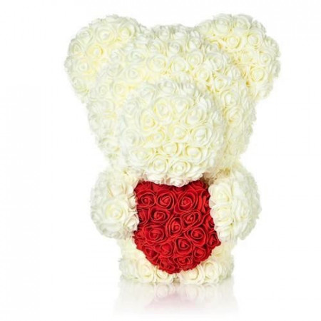 Ursulet floral Teddy cu inima rosie din Trandafiri 57 cm, decorat manual, cutie cadou