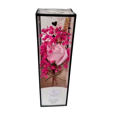 Aranjament floral LHEA de primavara, cu LED, buchet de flori criogenate si trandafir de sapun, Roz