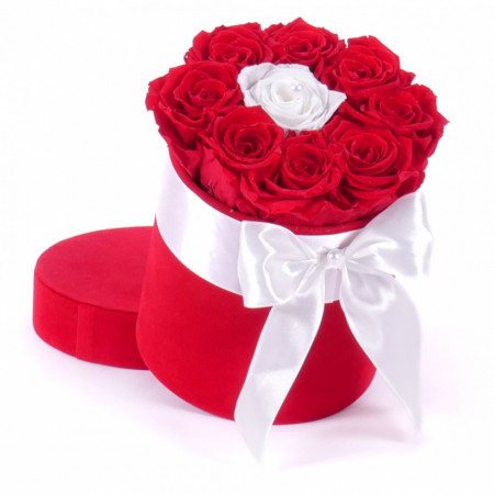 Aranjament floral Special One, cutie rotunda cu funda si trandafiri de sapun, rosu