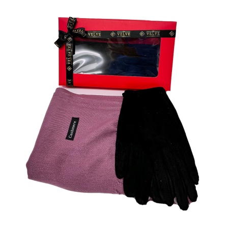 Cadou Secret pentru femei, cu Esarfa lunga Belladona tip Sal si manusi asortate, in cutie premium de prezentare, Mov prafuit, 25x15cm