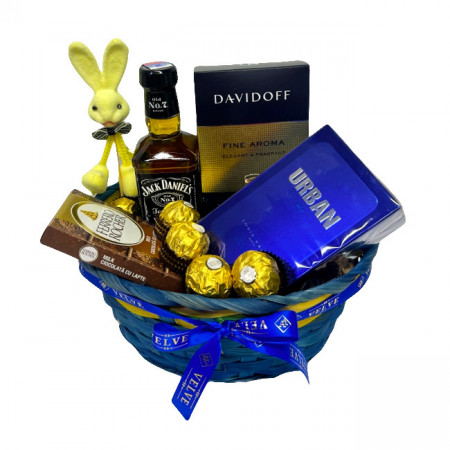 Cos Easter, decoratiune iepure, cafea Davidoff 250gr, whiskey Jack Daniel's 200ml, ciocolata Ferrero Rocher 90gr, praline Ferrero Rocher 50gr, parfum arabesc Urban Men by Louis Varel 90ml, in cos cadou